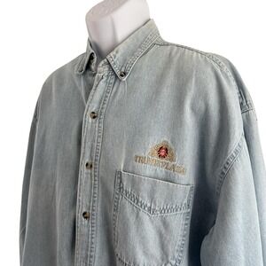 Vintage Trump Plaza Shirt‎ Mens XL Denim Button Up Embroidered Logo Crest Gold